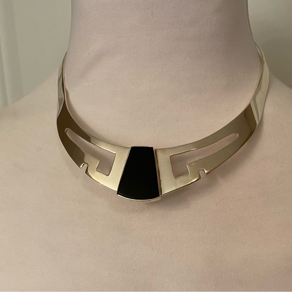 MEXICO MODERNIST NECKLACE STERLING SILVER BLACK ONYX COLLAR TORQUE TS-70 925